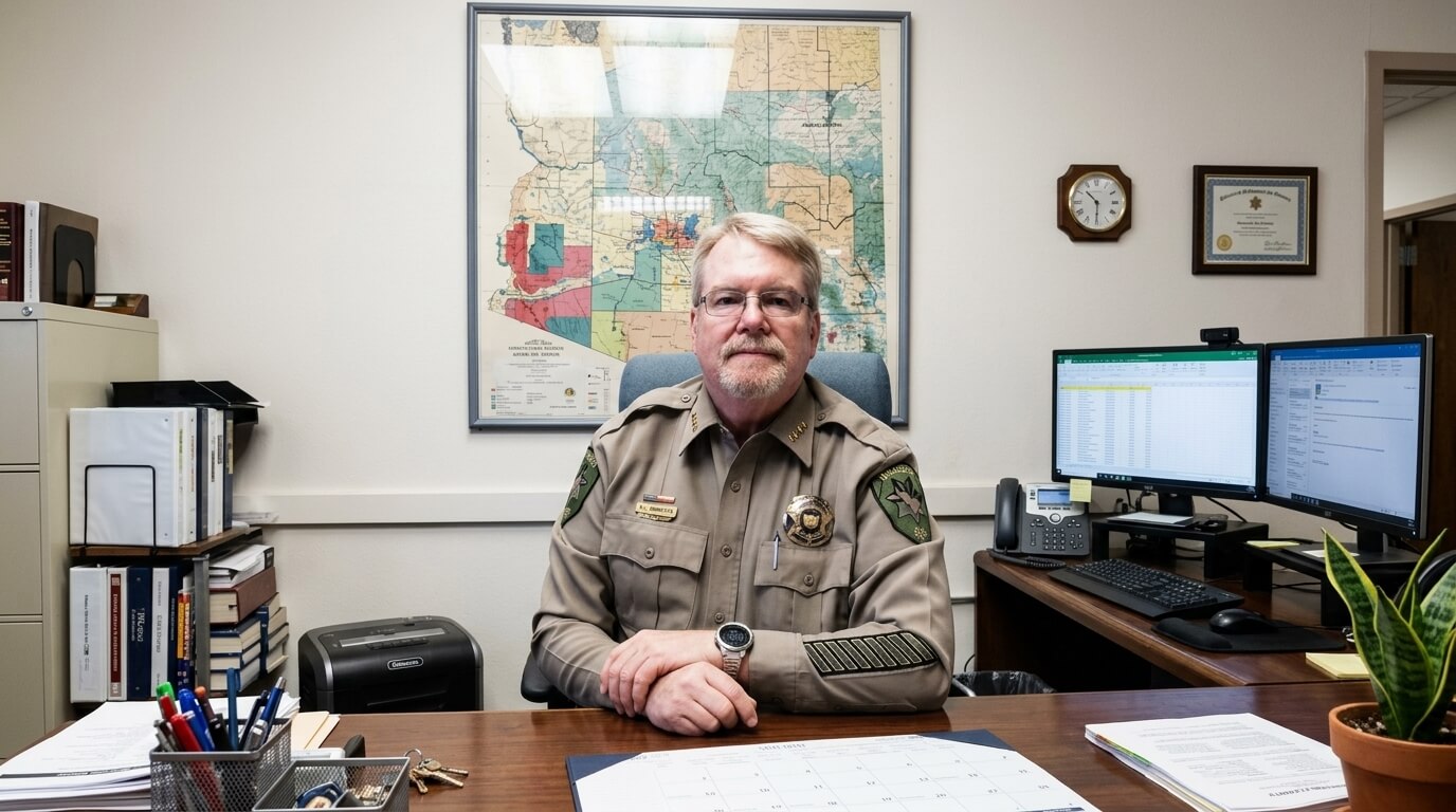 Law enforcement officer in uniform sitting at desk in office with map and dual computer monitors behind him