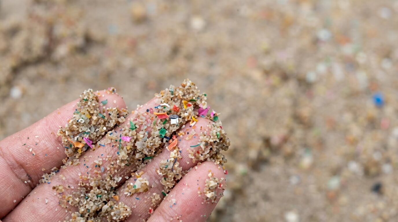 Fingers holding sand mixed with colorful microplastic particles on a beach.