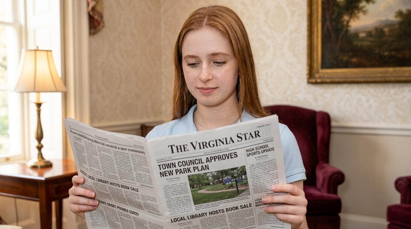 Young woman reading The Virginia Star newspaper about town council approving new park plan and local library book sale