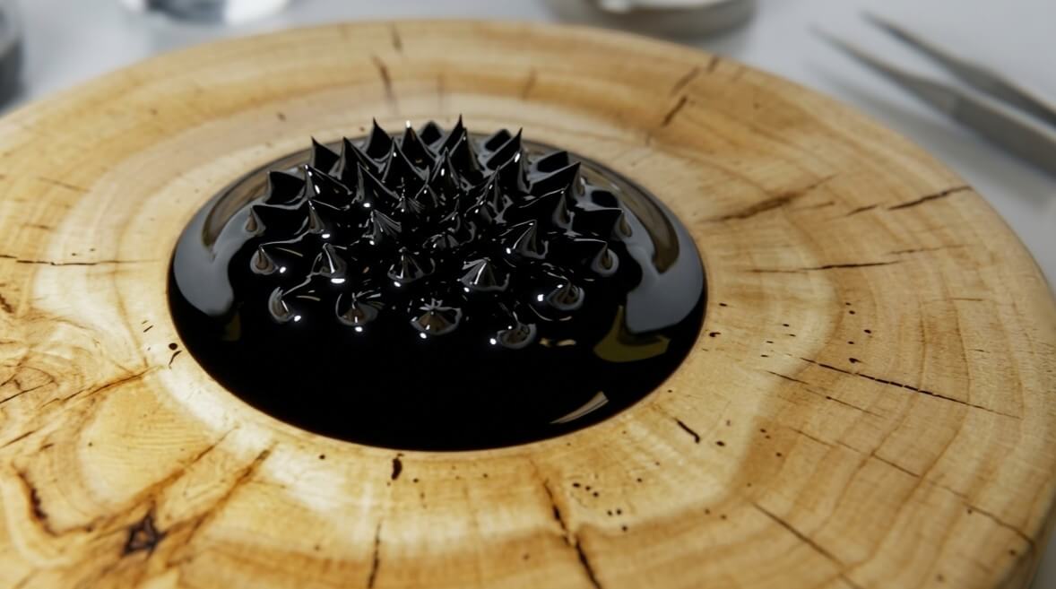 Black ferrofluid forming spikes on a wooden surface under a magnetic field.