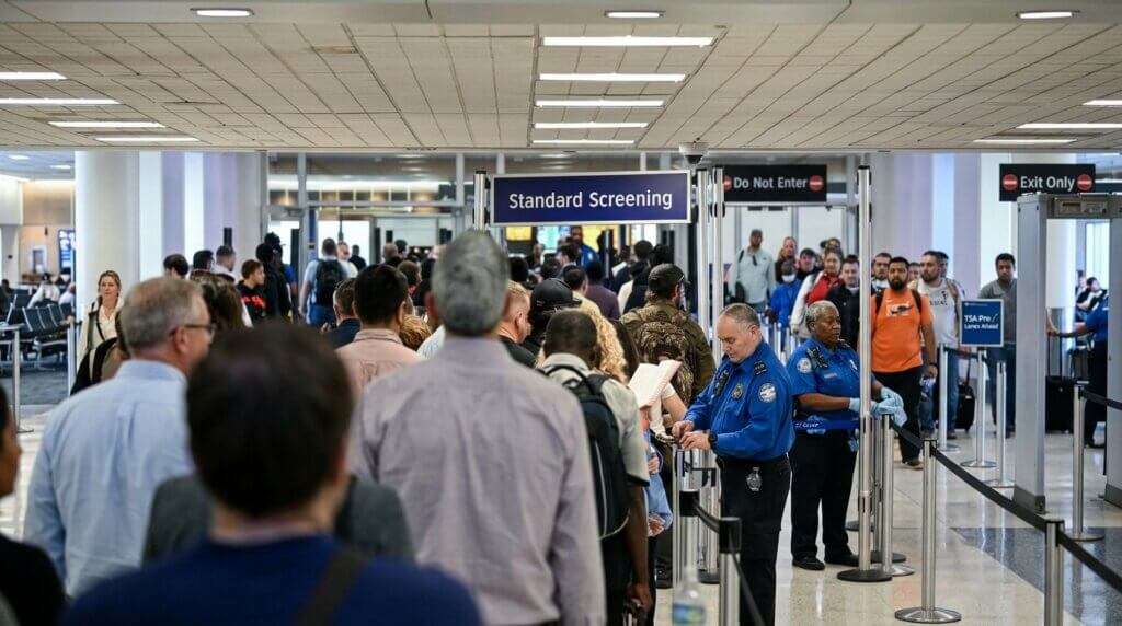 Passengers lined up for TSA standard screening at an airport security checkpoint with officers checking IDs.