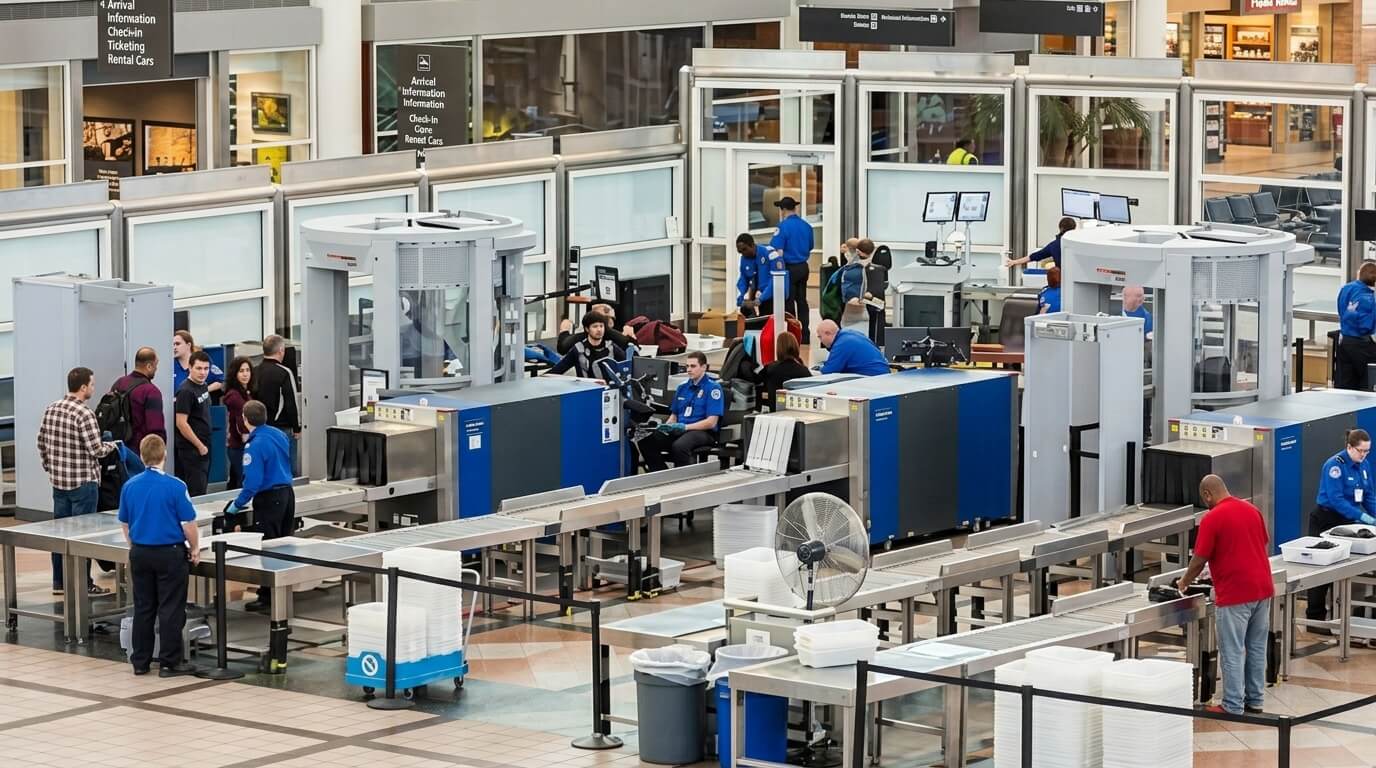 Airport security checkpoint with TSA officers screening passengers and luggage through X-ray machines and metal detectors.