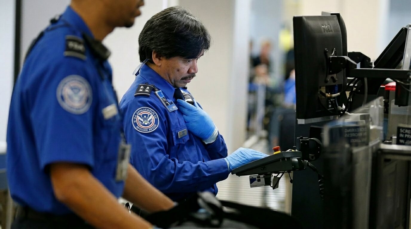 TSA officers in blue uniforms inspecting luggage at airport security screening station.