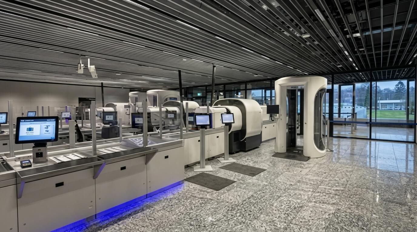 Automated airport security checkpoint with multiple scanning machines and touchscreen kiosks in a modern terminal