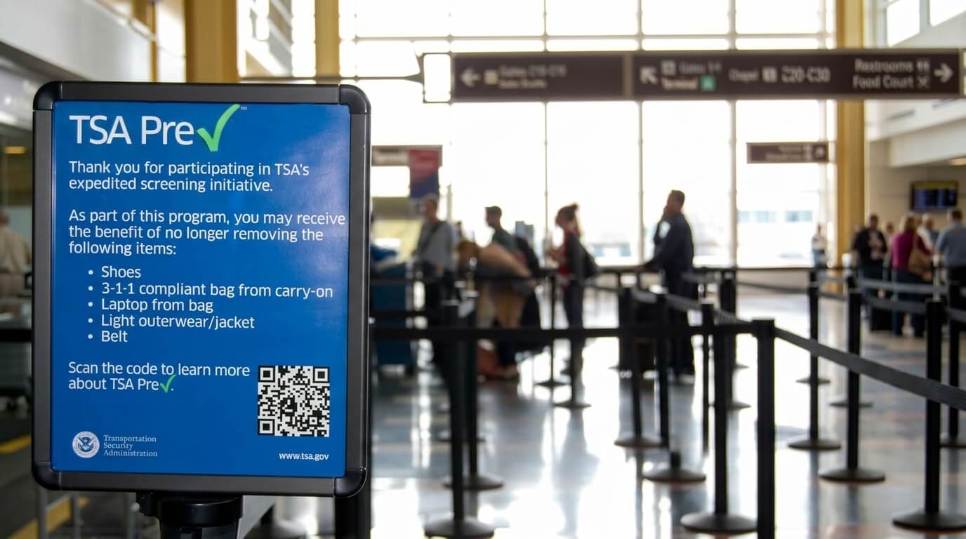 TSA PreCheck sign detailing expedited screening benefits and items not requiring removal at airport security.