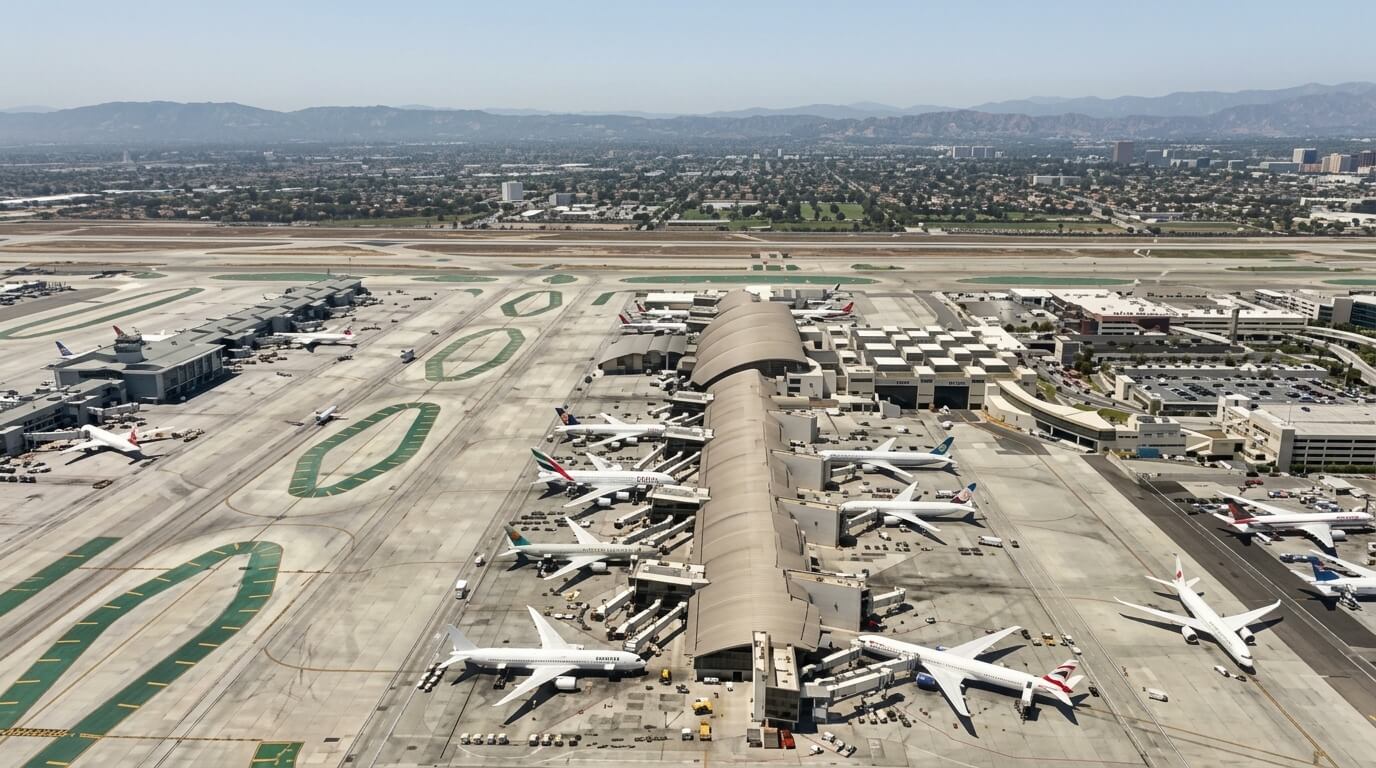 Aerial view of an airport terminal with multiple parked airplanes from various airlines and surrounding runways.