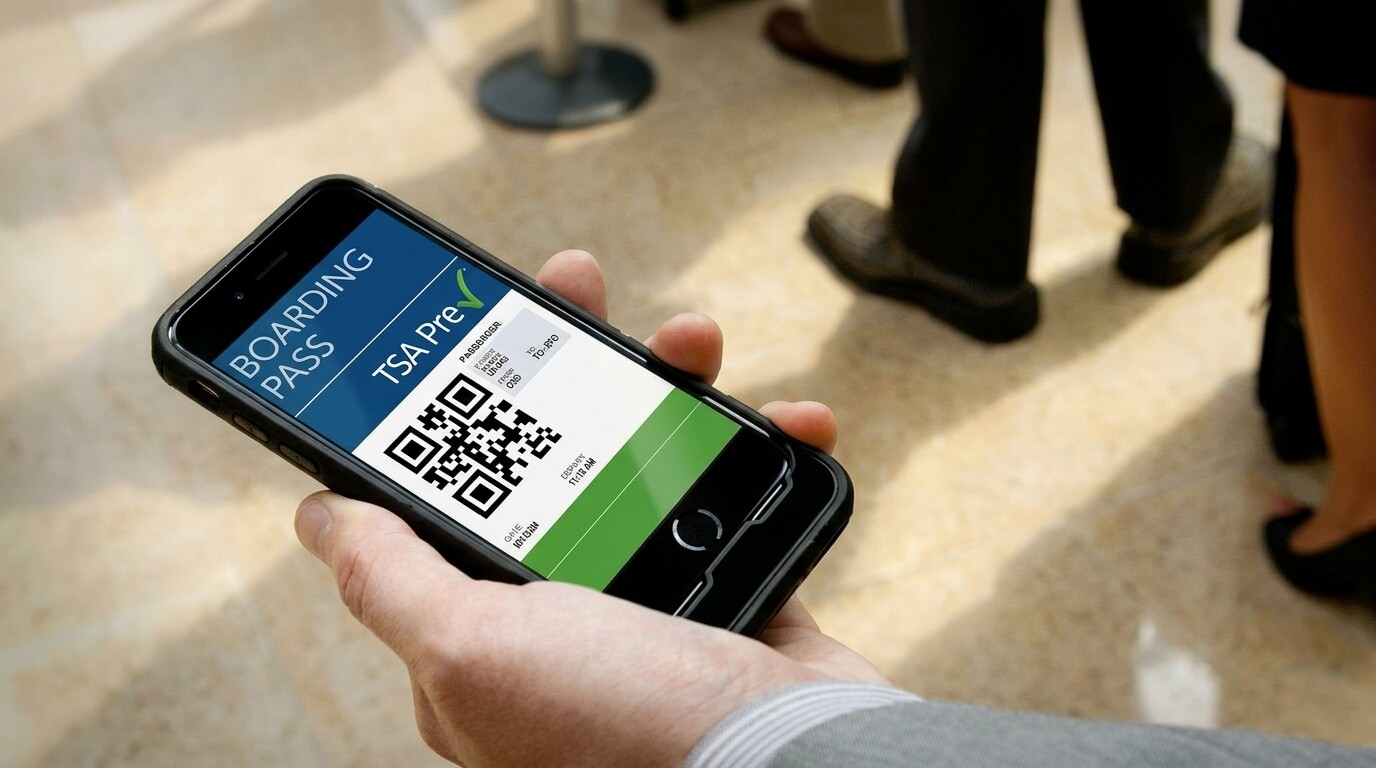 Hand holding smartphone displaying TSA PreCheck digital boarding pass with QR code at airport security line