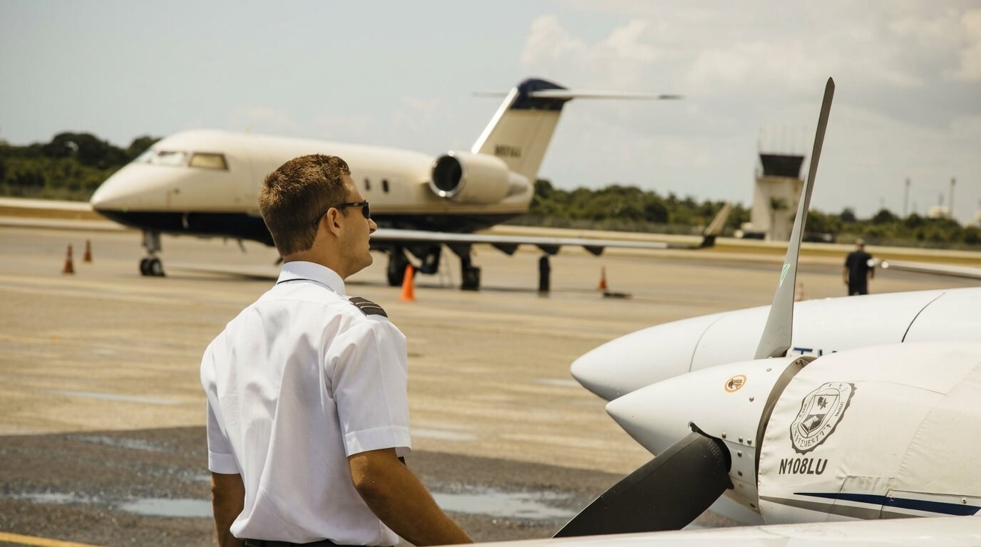 Pilot in white uniform and sunglasses standing near a small aircraft with registration N108LU on the tarmac