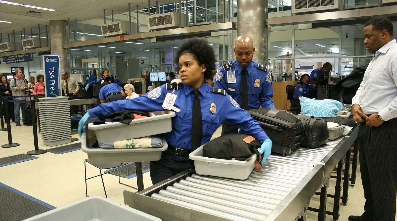 TSA officers inspecting luggage at an airport security checkpoint conveyor belt.