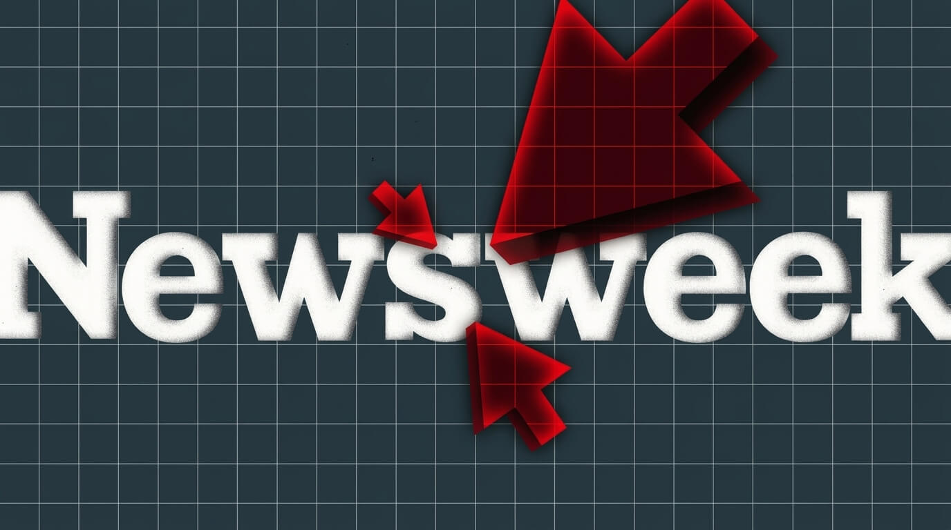 Newsweek logo with three red arrows pointing at the letter "s" on a dark grid background