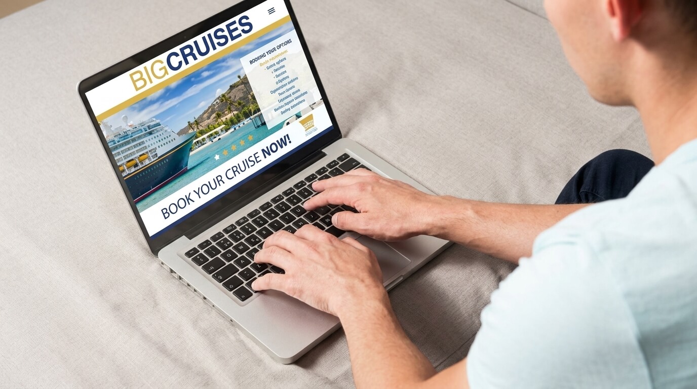 Person booking a cruise on a laptop displaying the Big Cruises website with "Book Your Cruise Now!" message.