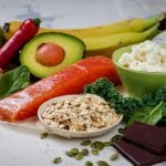 Salmon fillet, avocado, bananas, pear, red chili, nuts, oats, kale, spinach, cottage cheese, and dark chocolate on a white surface.