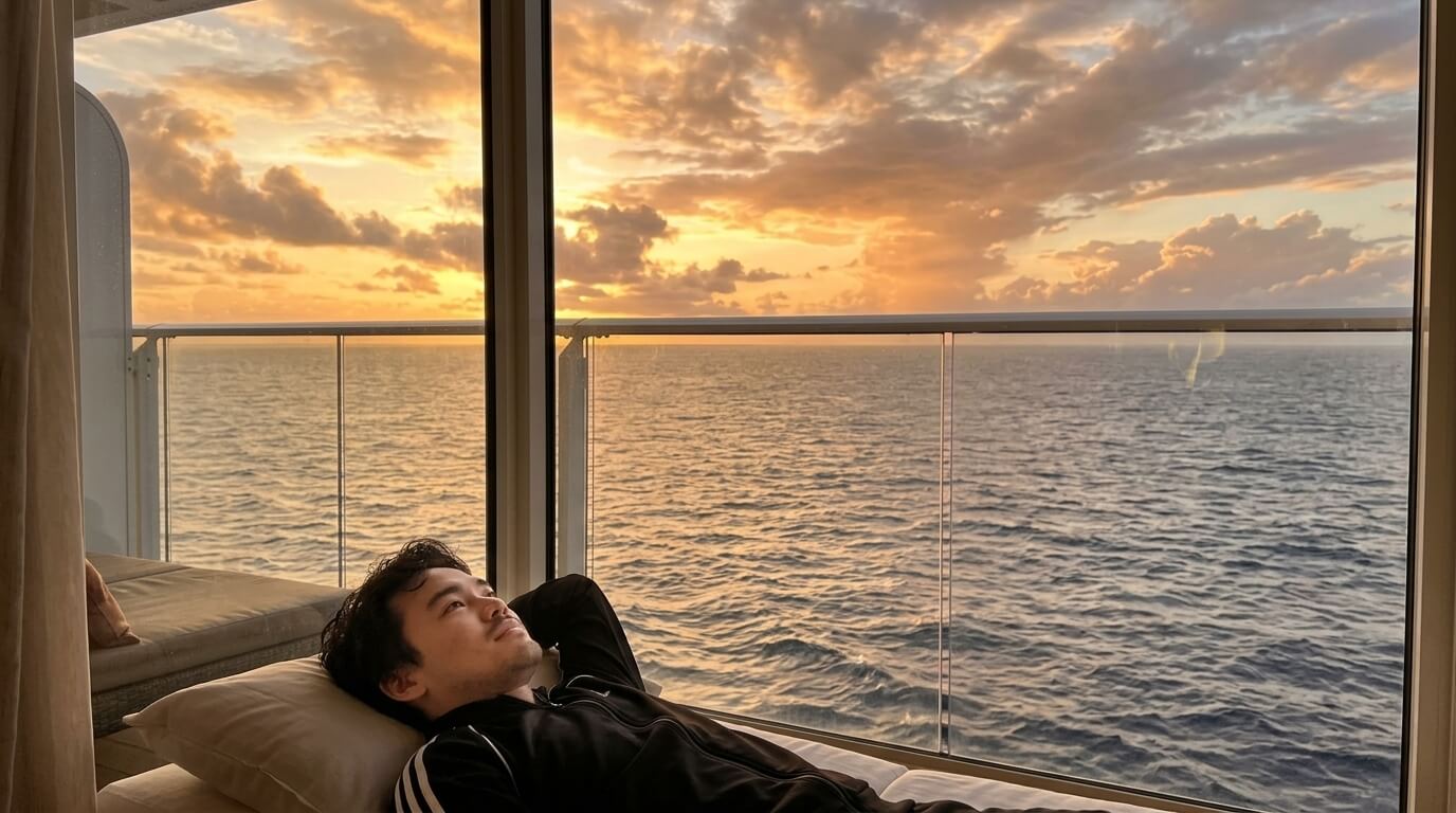 Man in black jacket lying on bed looking out at ocean sunset through glass balcony door