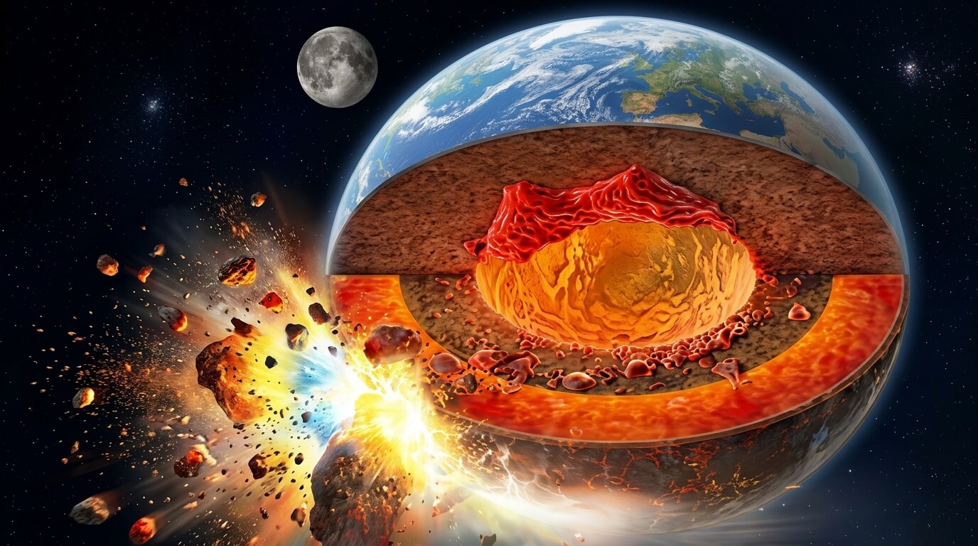 Cross-section of Earth showing molten core with asteroid impact and the Moon in the background.