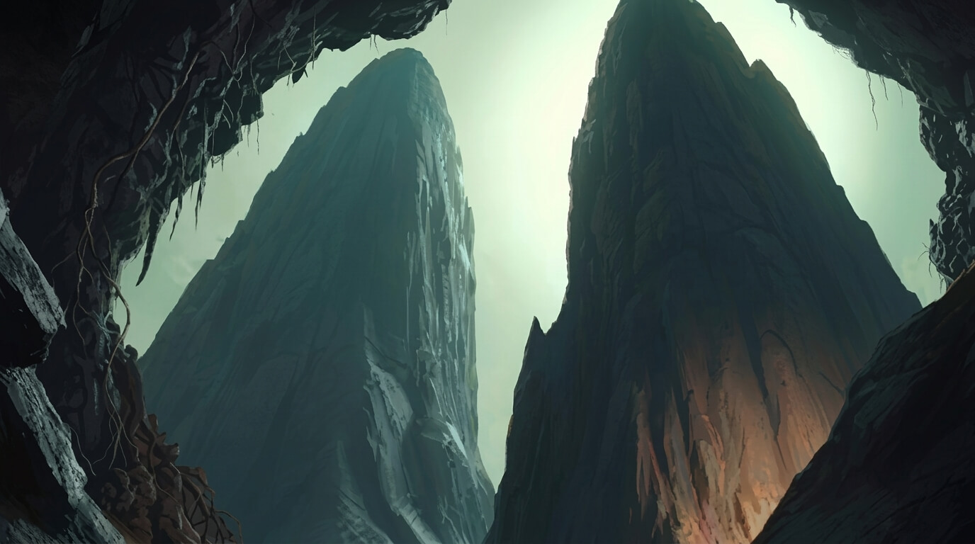 two towering jagged mountain peaks viewed from inside a dark cave with hanging roots and vines