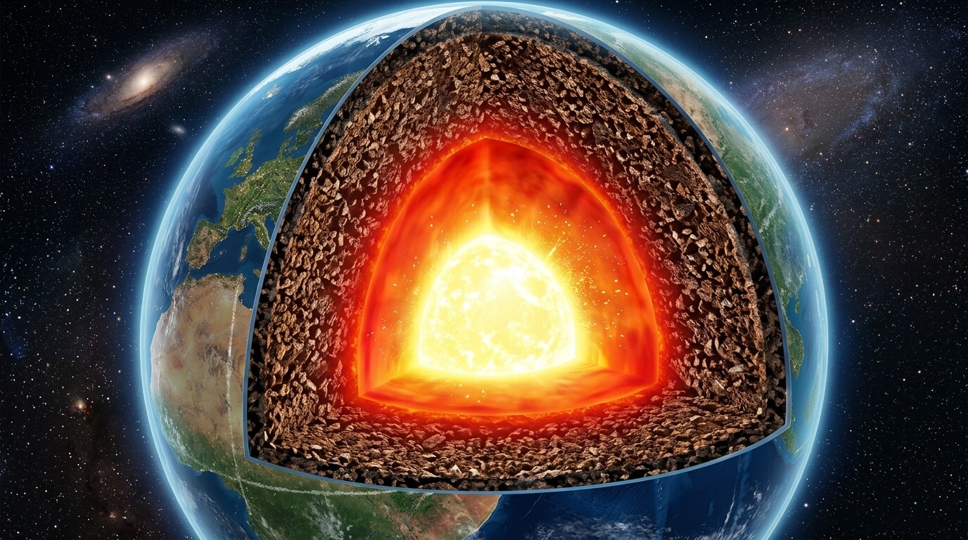 Cross-section of Earth showing its molten outer core and solid inner core against a space background.