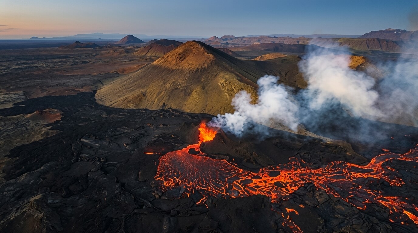 Active volcanic eruption with flowing lava and smoke in a barren mountainous landscape at dusk.