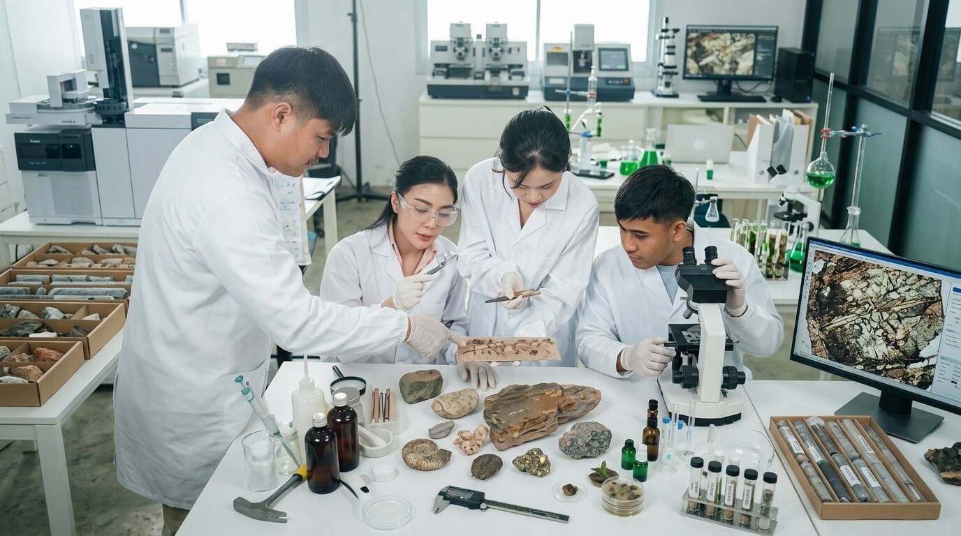 Four scientists in lab coats examining rock and fossil samples with a microscope and computer displaying magnified rock images