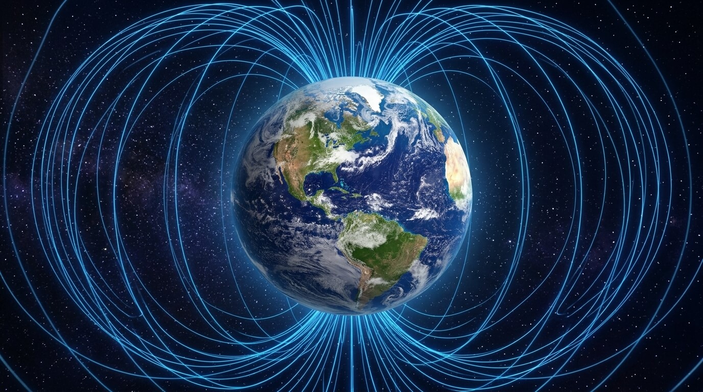Earth with blue magnetic field lines against a starry space background