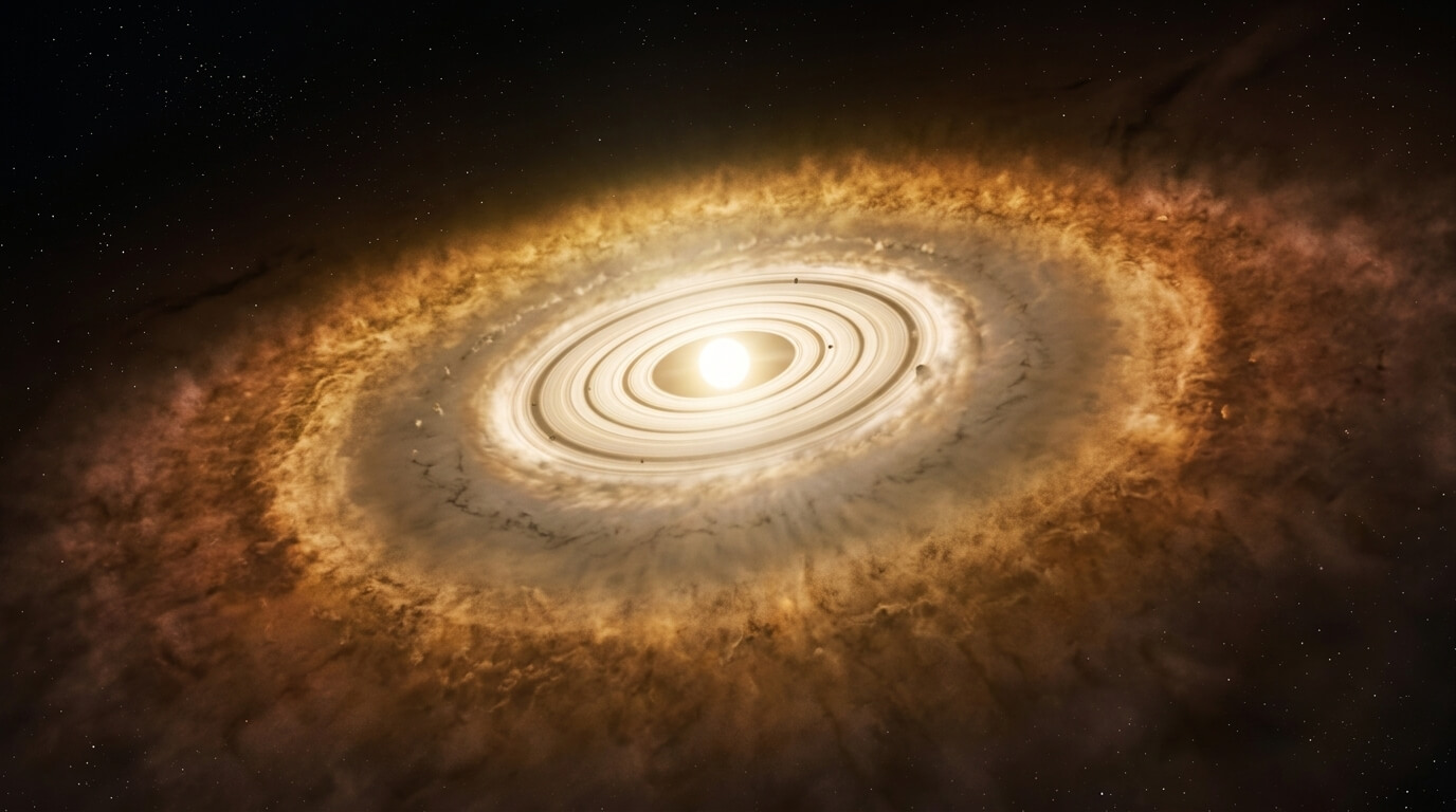 Protoplanetary disk with bright central star surrounded by rings of dust and gas in space