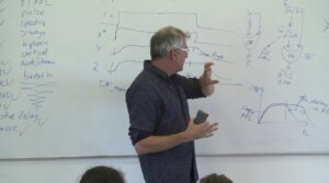 Man in glasses explaining diagrams and notes on a whiteboard during a lecture or presentation