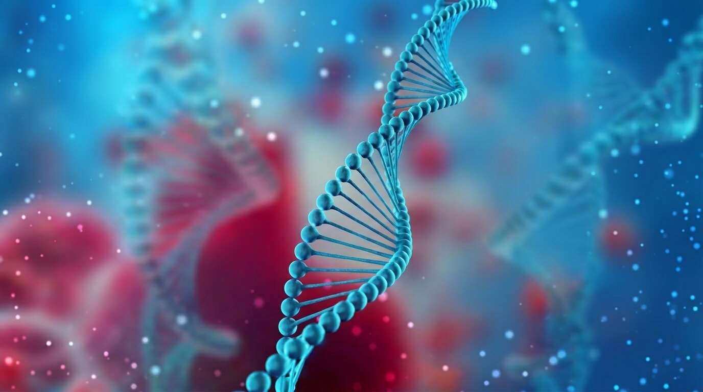Close-up of a blue DNA double helix strand against a blurred red and blue background.