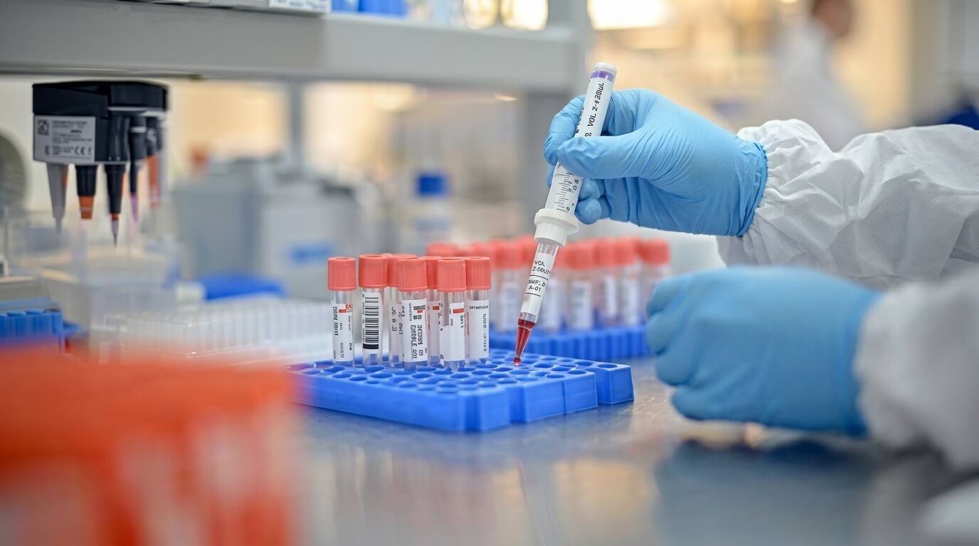 Gloved lab technician handling blood sample with pipette near test tubes in blue rack in laboratory setting