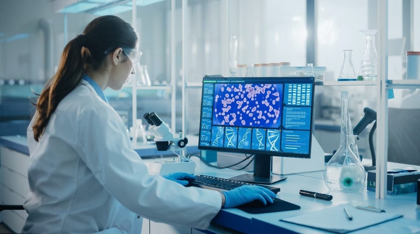Scientist in lab coat and gloves analyzing DNA and cell images on a computer in a laboratory setting.