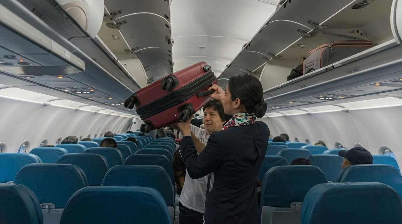 Flight attendant helping passenger store red suitcase in overhead bin on airplane with blue seats