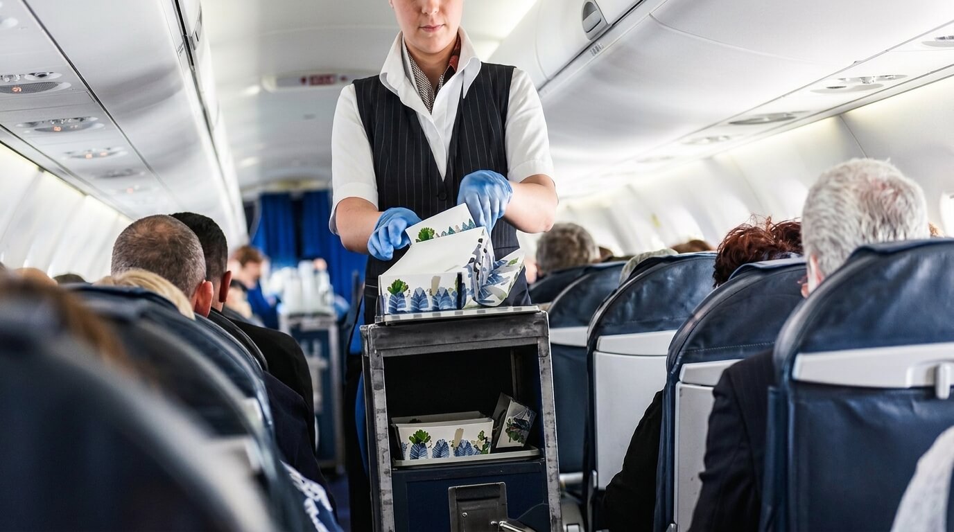 Flight attendant wearing gloves serving snacks from a cart to passengers on an airplane.