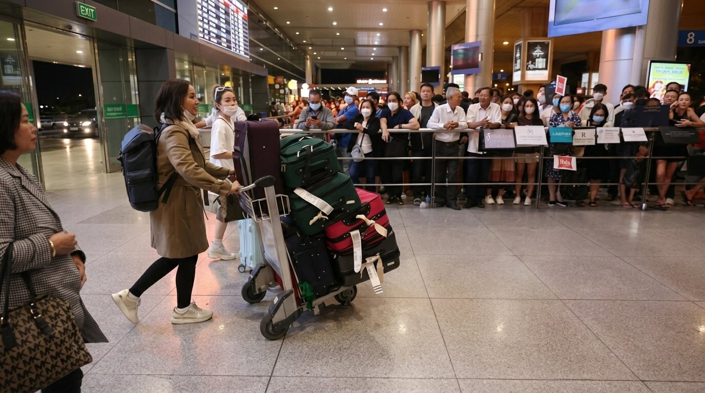 Woman pushing luggage cart with multiple suitcases at airport arrival area with crowd waiting behind barriers