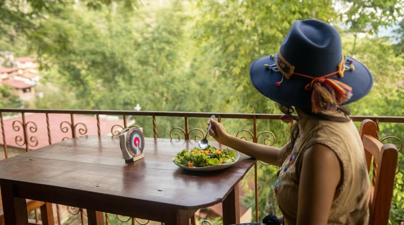 Woman in a blue hat eating salad on a wooden balcony overlooking green trees