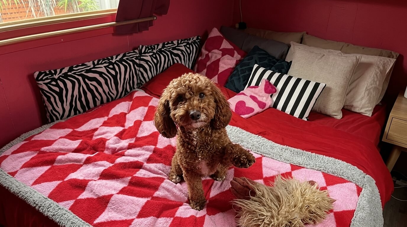Curly brown dog sitting on a red and pink patterned blanket on a bed with zebra and striped pillows.