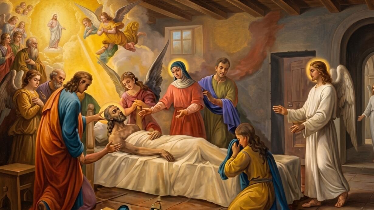 Saint Joseph on his deathbed surrounded by Mary, angels, and disciples in a religious painting.