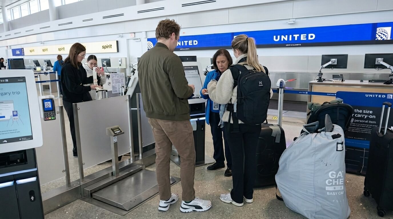 Passengers checking in at United Airlines counter with Spirit Airlines counters visible in the background