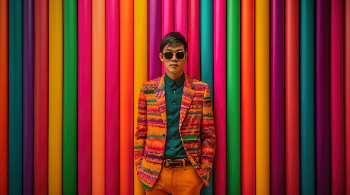 Young man wearing sunglasses and a colorful striped blazer standing against a vibrant multicolored background