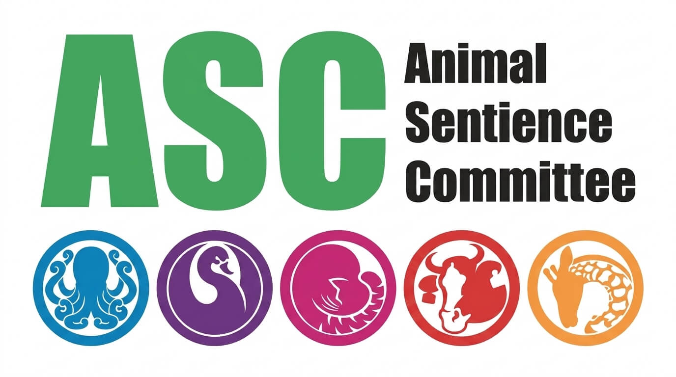 Animal Sentience Committee logo with icons of an octopus, swan, shrimp, cow, and giraffe in colored circles