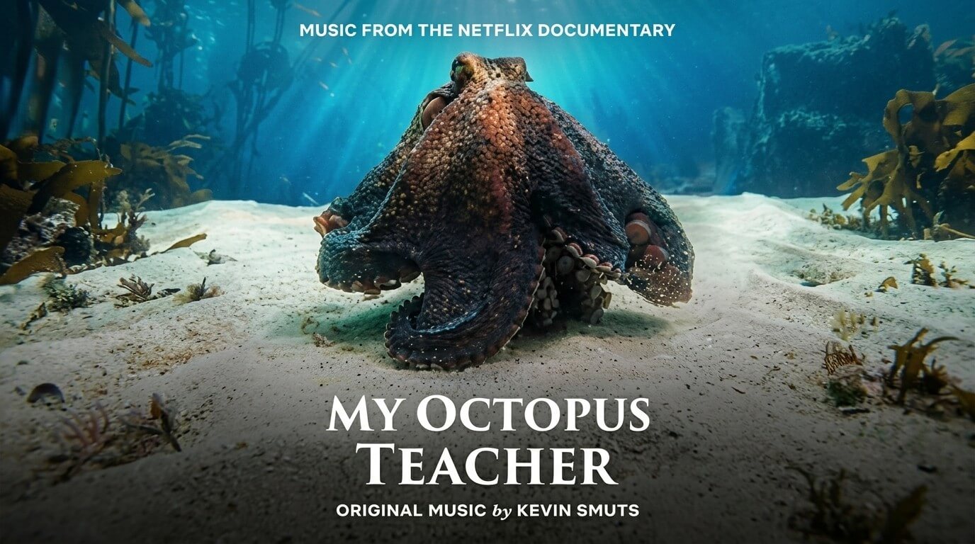 Octopus on ocean floor with text promoting Netflix documentary My Octopus Teacher and music by Kevin Smuts