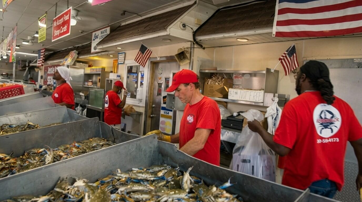 Workers in red shirts sorting blue crabs at a seafood market with American flags and a sign saying "We Accept Food Stamp Cards"