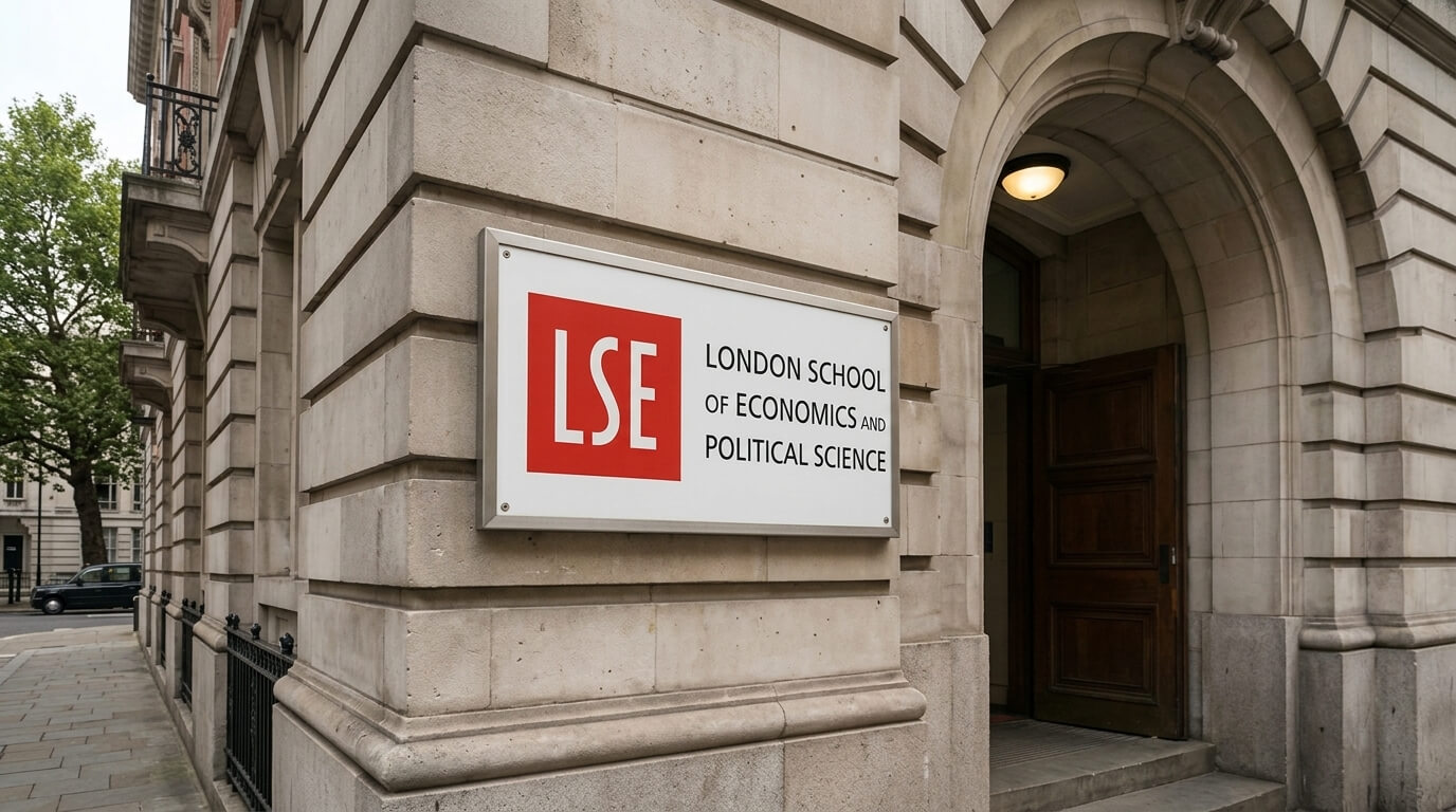 Sign for London School of Economics and Political Science on a stone building exterior near an arched wooden door