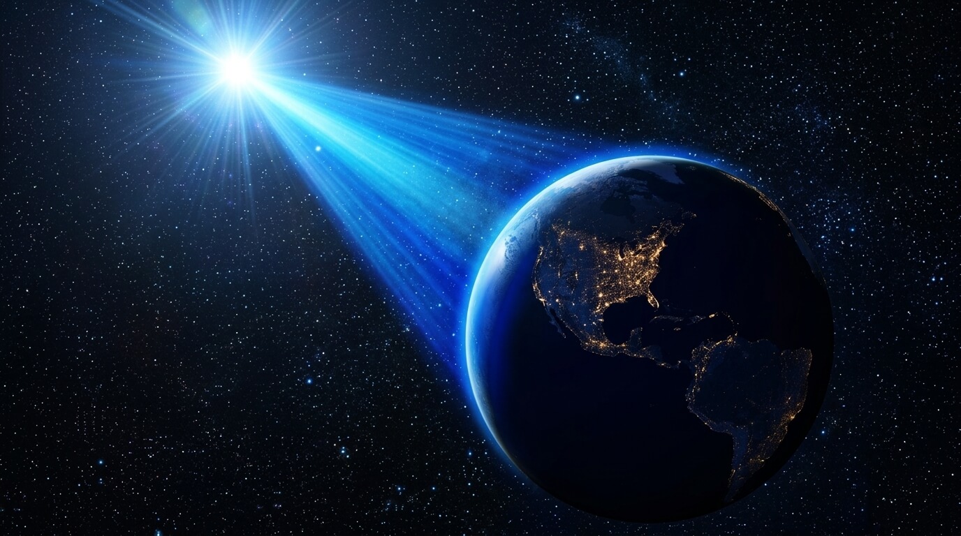 Earth at night with city lights visible, illuminated by bright blue rays from a distant star in space.