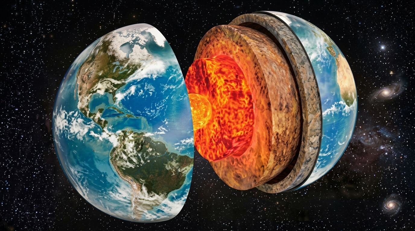 Cross-section illustration of Earth showing its inner core, outer core, mantle, and crust layers against a starry background.