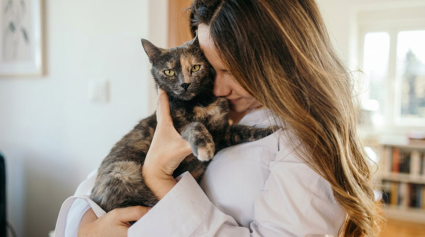 Woman with long hair holding and nuzzling a tortoiseshell cat in a bright room with bookshelves and windows