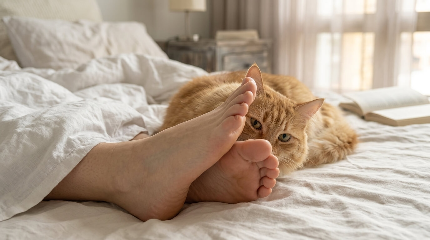 Orange tabby cat resting its head near a person's feet on a white bed with an open book in the background.
