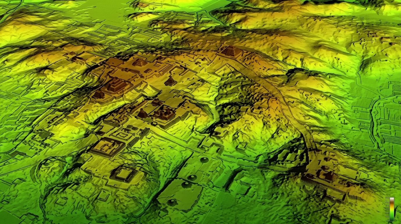 3D topographic map of Teotihuacan archaeological site with pyramids and surrounding terrain elevations