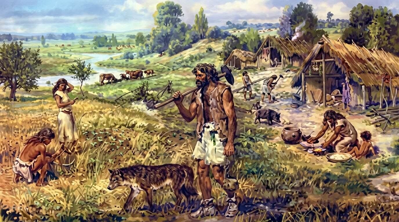 Prehistoric humans farming, tending animals, and cooking near thatched huts in a rural landscape.