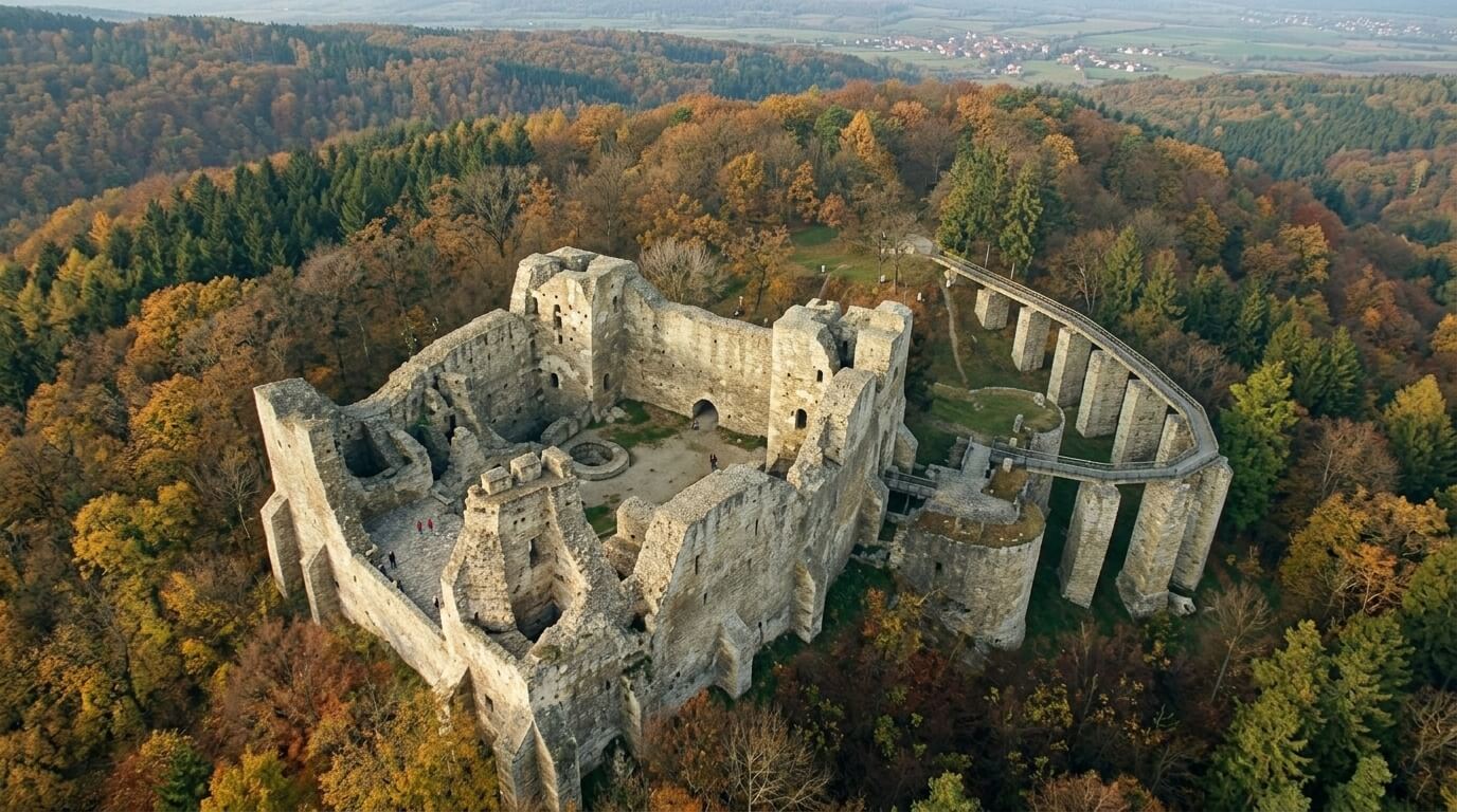 Aerial view of a medieval stone castle ruin surrounded by autumn forest.