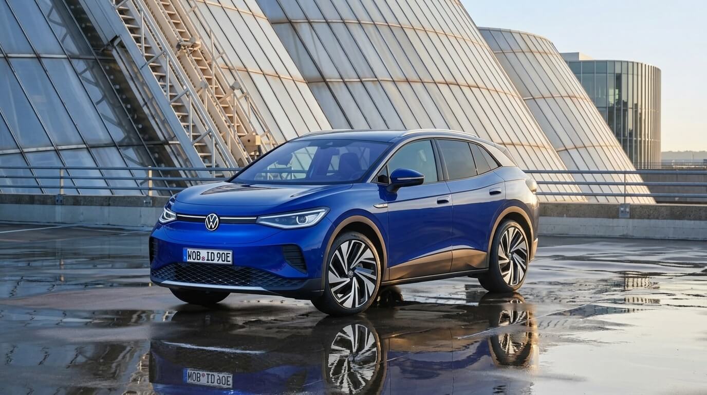 Blue Volkswagen ID.4 electric SUV parked on wet rooftop with modern glass building background