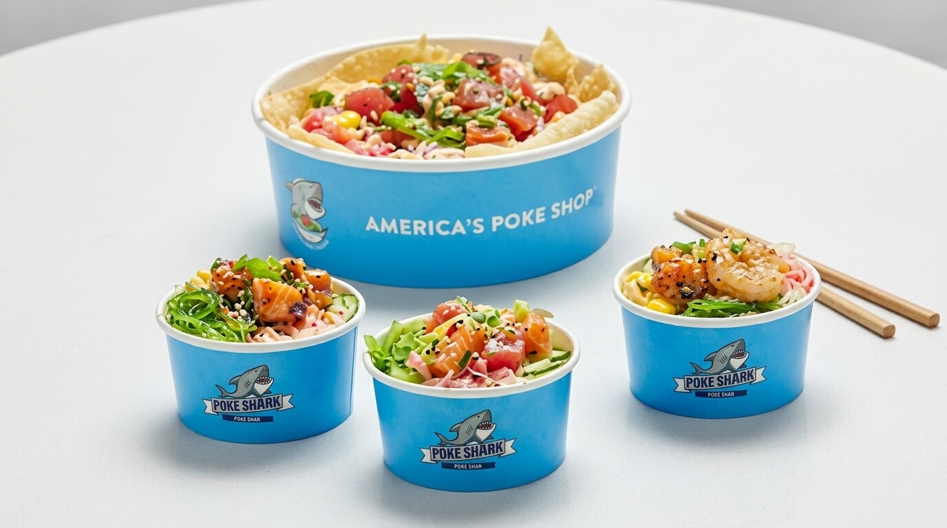 Four blue Poke Shark bowls with poke, seaweed, and vegetables on a white surface with chopsticks.