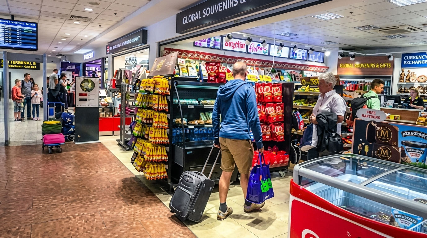 Pria dengan koper dan tas belanja menjelajahi makanan ringan di toko Global Souvenirs & Gift di terminal bandara.